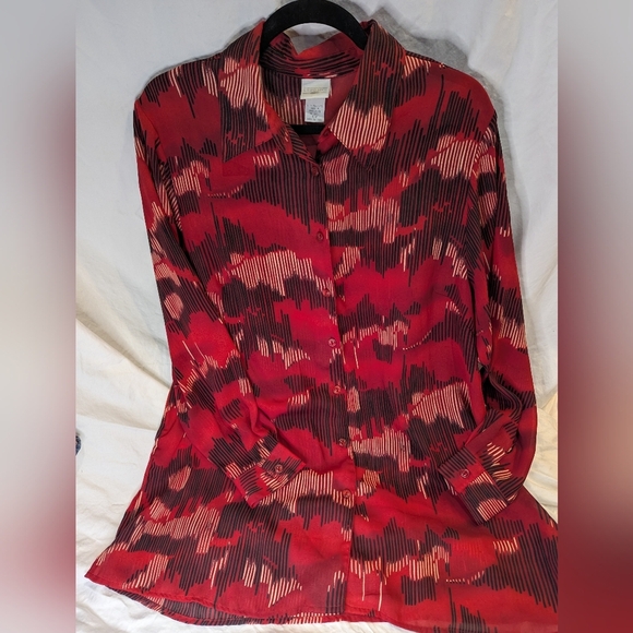 Studio C Plus 16W Abstract Long Tunic, Shirt, Blouse, Button Front Red, Black - Picture 8 of 16